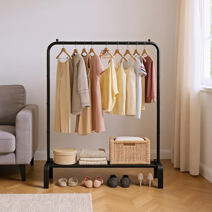 JIUYOTREE Standard Clothes Clothing Garment Rack with Storage Shelves Clothes Organizer for Hanging Clothes Coat Jacket Shirt Sweater Jeans Black