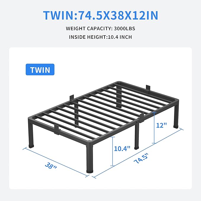 MAF 12 Inch Twin Metal Platform Bed Frame with Round Corner Legs, Mattress Slide Stopper, 3000 LBS Heavy Duty Steel Slats Support, No Box Spring Needed, Noise Free