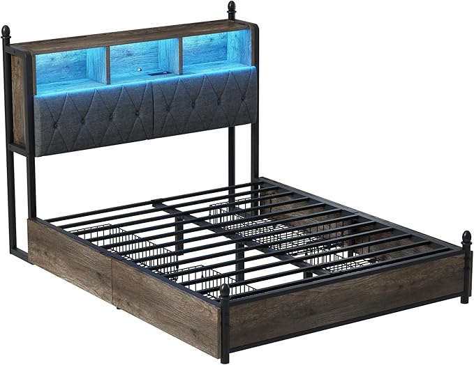 AMERLIFE Queen Bed Frame with Bookcase Headboard and 4 Storage Drawers, Wooden Platform Bed with Charging Station and LED Light, Noise-Free/No Box Spring Needed, Gray