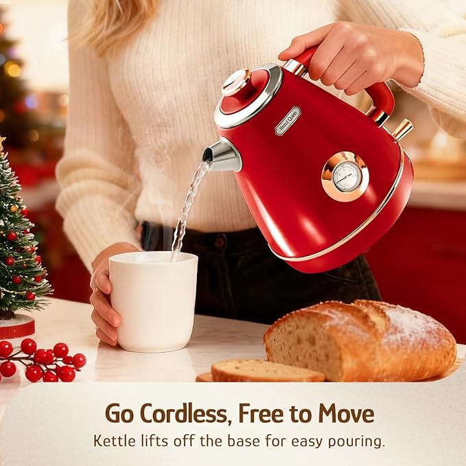 Hazel Quinn Retro Electric Kettle - 1.7 Liters / 57.5 Ounces Tea Kettle with Thermometer, All Stainless Steel, Fast Boiling 1200 W, BPA-free, Cordless, Rotational Base, Automatic Shut Off - Ruby Red