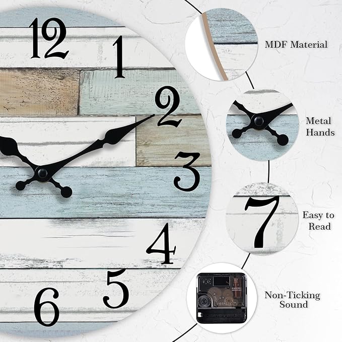 Wall Clock Battery Operated 14 Inch Large Silent Non Ticking Coastal Design Country Rustic Retro Decorative for Bathroom Kitchen Living Room Bedroom