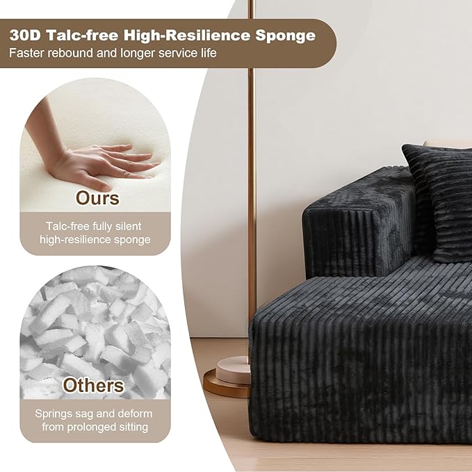 106'' Boneless Couches for Living Room, L Shaped Modular Sectional Sofa with Chaise Lounge, Faux Rabbit Fur & Layered Cushion Deep Seat Cloud Couch, No Assembly (Dark Grey, 130 U Shaped)