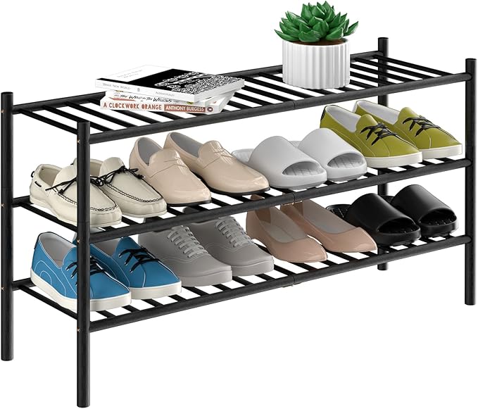 3-Tier Bamboo Long Shoe Rack, Free Standing Wood Shoe Shelf Storage Organizer for Closet Entryway Stackable 35"x11"x20" (Black)