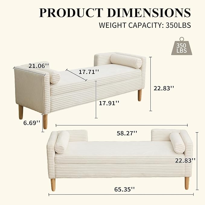 NIOIIKIT 65" Large Storage Ottoman Bench with 2 Pillows, Corduroy Upholstered Entryway Bench with Wood Leg, End of Bed Bench with Straight Armrest, Window Bench for Bedroom, Entryway (White)