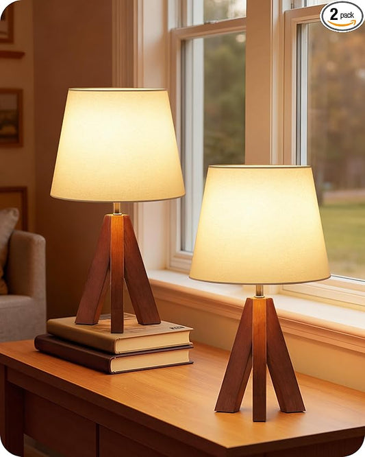 Small Tripod Table Lamps Set of 2, Modern Nightstand Lamp with Fabric Shade, Boho Bedside Wood Desk Light for Bedroom, Kids Room, Living Room, Office, Study, Dark Wood and White, LW51TLP205