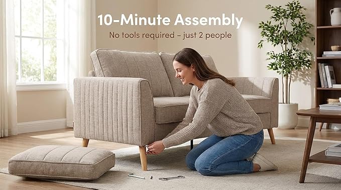 Artechworks Handmade Sofa Couch, 3-Seater 76" Wide W/Fresh Sand Gray Style Linen, Modern Mid-Century Fusion Stylish Couch French Piping Design Sofa for Living Room Apartment Lounge, Reception,Sand