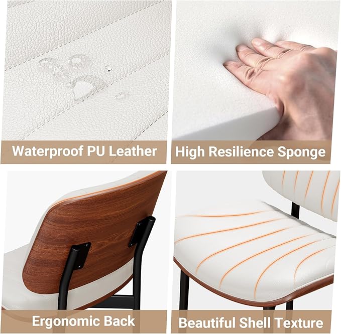 Dining Chairs Set of 8, Mid-Century Modern Upholstered PU Leather Chairs with Walnut Bentwood Back and Metal Legs Adjustable Feet for Kitchen Dining Room, Off-White Shell Strips