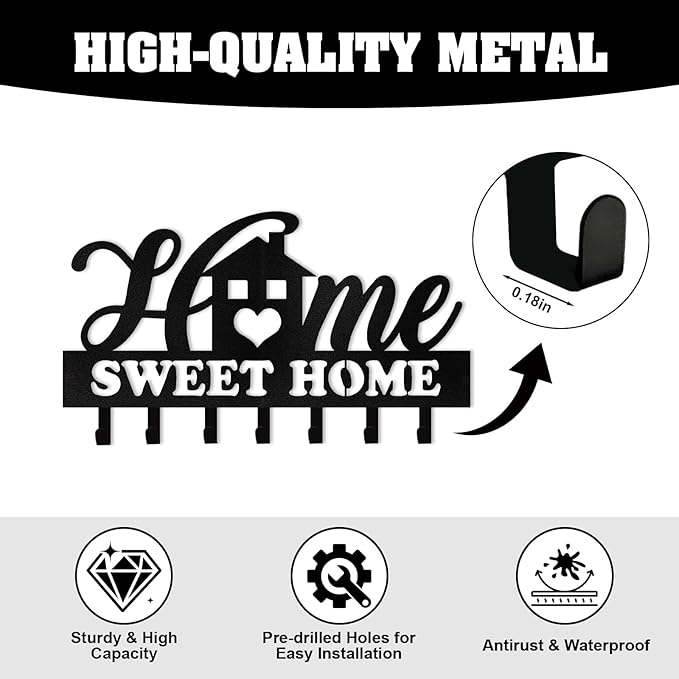 Personalized Key Holder Wall Mount, Custom Family Name Key Holder for Wall, Key Rack Coat Hooks, Home Sweet Home Wall Metal Decor for Living Room Entryway Bathroom Kitchen, Housewarming Gifts Color01