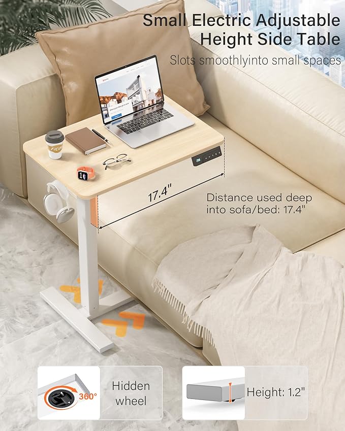 FiCiHi Small Electric Standing Desk - Adjustable Height Bedside Laptop Table with Wheels, Mobile, Portable Rolling Computer Workstation Sit Stand Table for Home Office, Sofa, Couch Use(28x16,Maple)