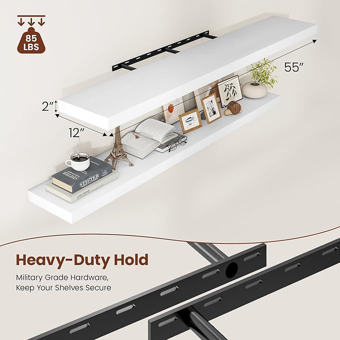 Vivelove 24/36/48/55 Inch Floating Shelves for Wall, 12 Deep Shelves for Room Wall Mounted, 2" Thick Floating Shelf for Living Room Bedroom Bathroom Kitchen Laundry Room, Set of 2 White