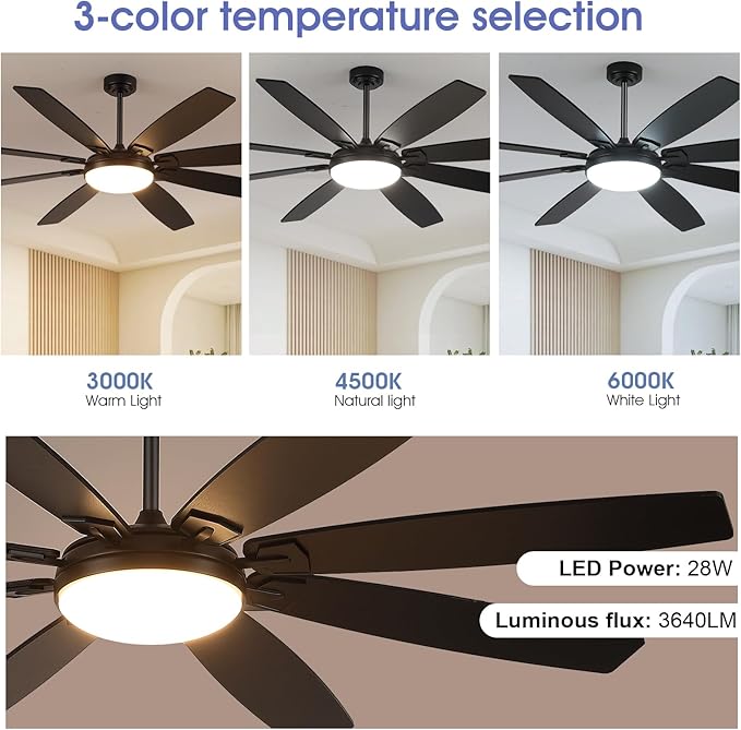 72 Inch Large Ceiling Fans with Lights, Modern Black Ceiling Fans with 8 Wooden Blade, 6 Speeds, Reversible DC Motor, 3 Colors LED Fans Light for Indoor Living Room/Covered Outdoor