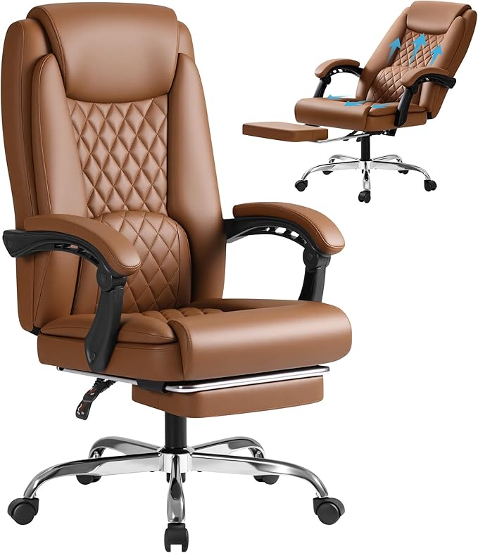 Furmax Office Chair with Footrest Ergonomic High Back Design Executive Computer Desk Chair400lbs, 90-135° Reclining Leather Home Office Desk Chairs Swivel Task Chairs with Wheels (Brown)