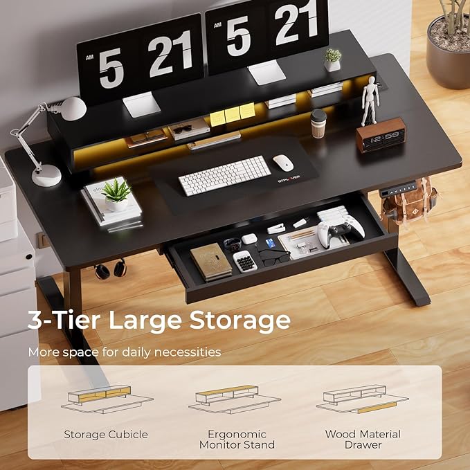 GTPLAYER Electric Standing Desk with Drawers, 55 x 24 Inch Height Adjustable Gaming Desk with Monitor Stand, Power Outlets & LED Lights, Home Office Sit Stand Up Desk with Memory Preset (Black)