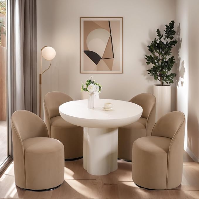Modern Barrel Dining Chairs Set of 4, Swivel Base Khaki Accent Chair 360°Rotating Vanity Chair Mid-Century Dining Side Chair Kitchen Chair for Living Room, Bedroom, Home, Office, Kitchen