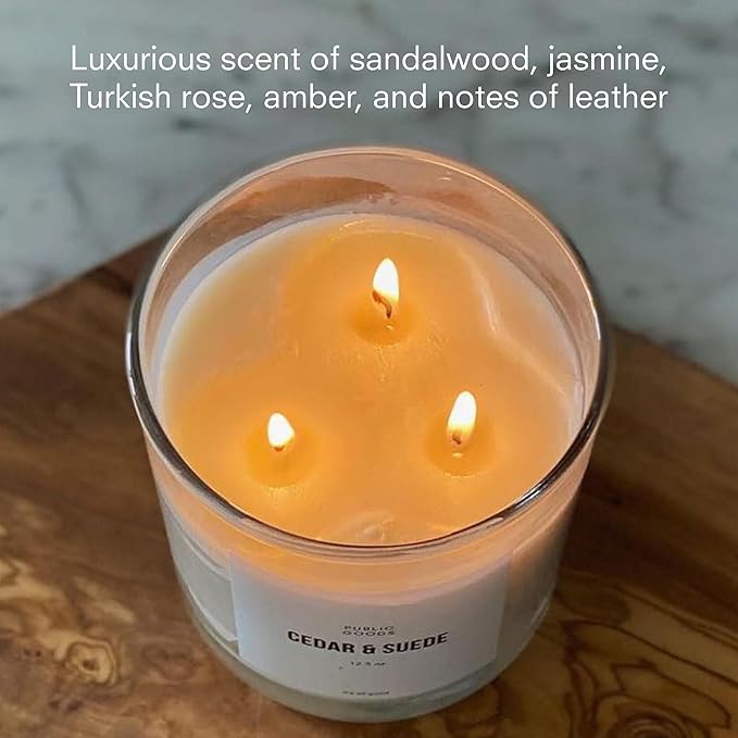 Public Goods Scented Soy Candle for Women & Men | Large 3 Wick Glass Candle | Long Lasting & Non Toxic | Made with Natural Soy Wax & Organic Essential Oils | Gift Box | 12.3oz Jar | Cedar & Suede