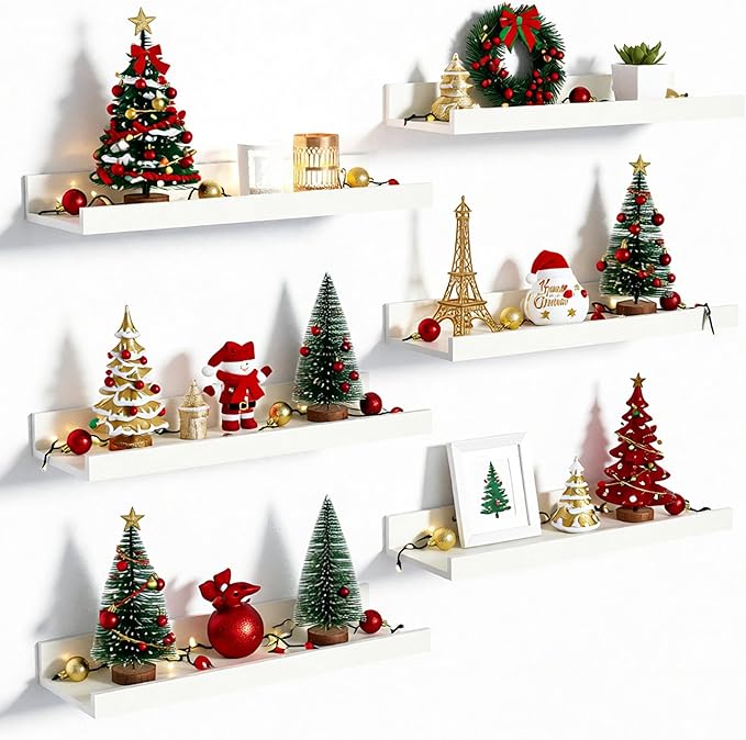 upsimples Floating Shelves for Wall, Wall Shelves for Decor Storage Set of 6, Wall Mounted Wood Shelf for Bedroom, Living Room, Bathroom, Kitchen, Picture Ledge Shelf, White