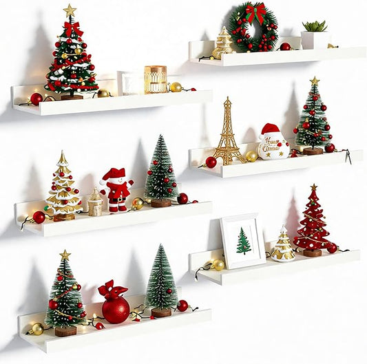 upsimples Floating Shelves for Wall, Wall Shelves for Decor Storage Set of 6, Wall Mounted Wood Shelf for Bedroom, Living Room, Bathroom, Kitchen, Picture Ledge Shelf, White