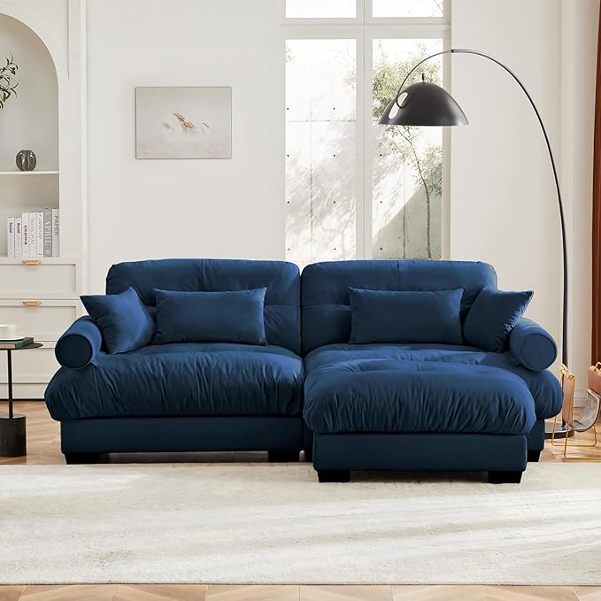 93.7" Loveseat Sofa, 2 Seater Modular Sectional Sofa, Blue Large L Shaped Sectional Couches for Living Room, Fluffy Couch, Love Seat, Velvet Cloud Couch with Ottoman, Deep Seat Sofas for Living Home