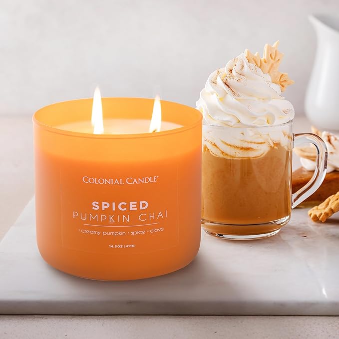 Colonial Candle Spiced Pumpkin Chai Scented Jar Candle, Pop of Color Collection, 3 Wick, 14.5 oz - Up to 60 Hours Burn