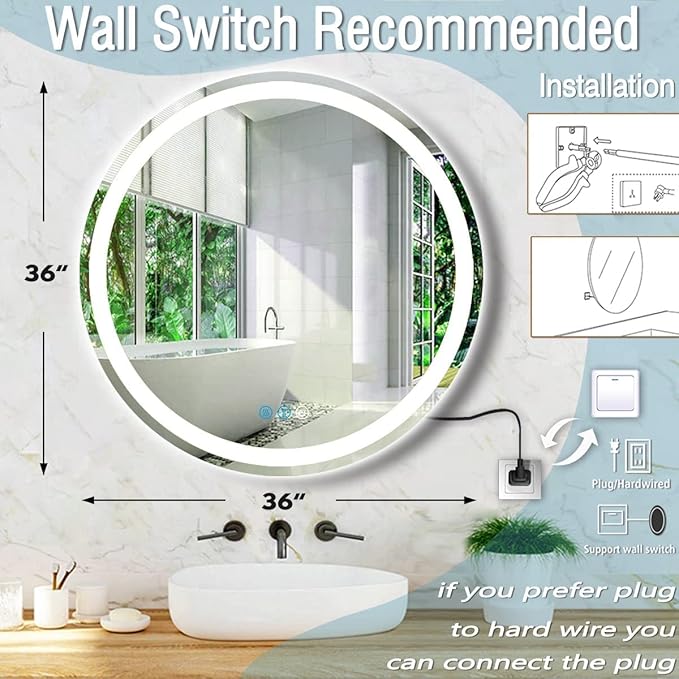 36 Inch Round Bathroom Vanity Mirror with Lights Round Light up Mirror for Bathroom Wall 36 Inch Large Round Mirror Dimmable Anti-Fog Memory 3 Colors Light Bathroom Smart Circle LED Mirrors
