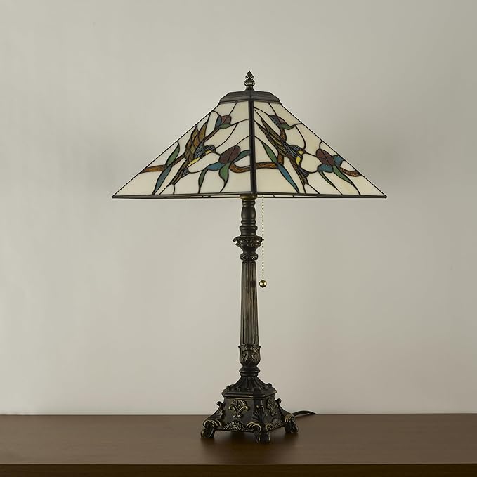 Tiffany Table Lamps White Stained Glass Hummingbird Style Mission Desk Lamp 12X12X24 Inch Bronze Resin Base