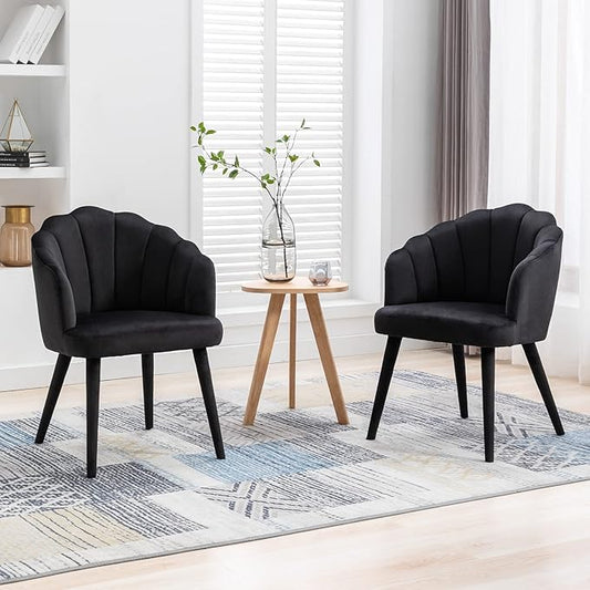Velvet Dining Chairs Set of 2 Modern Living Room Chairs with Petal Back & Wood Legs Comfy Upholstered Side Chair for Dining Room/Bedroom/Vanity, Black