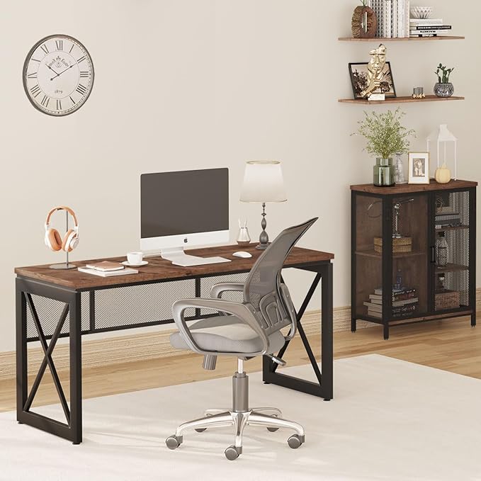 BON AUGURE 60 Inch Computer Desk for Home Office, Industrial Metal Wood Desks, Farmhouse Large Writing Table, Modern Sturdy Gaming Desk (Rustic Oak)
