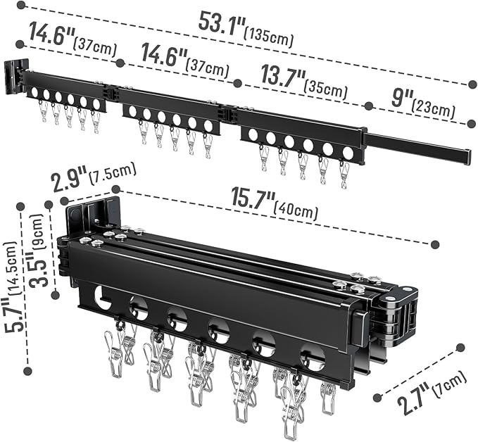 Clothes Drying Rack Foldable Wall Mounted Drying Rack 3 Fold Black-Laundry Drying Rack Durable Clothing Racks for Hanging Clothes