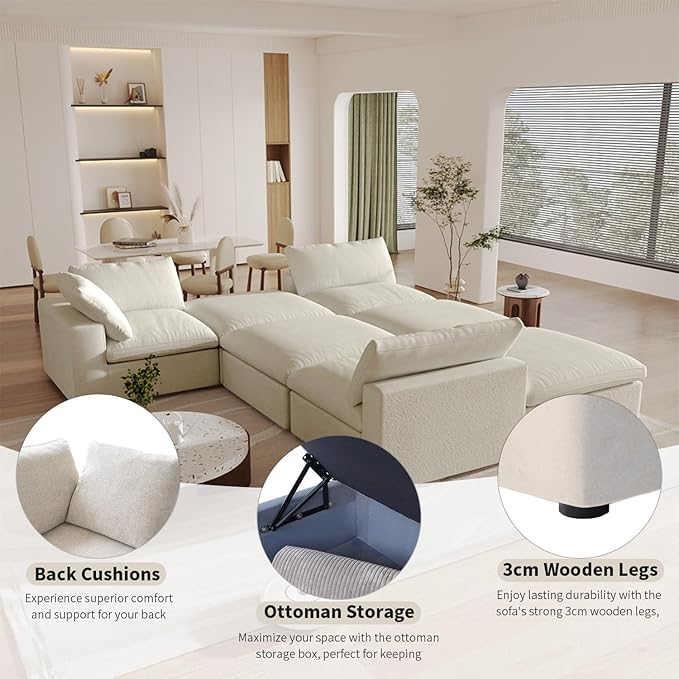 Cloud Modular Sectional Sofa with Storage Ottoman,120.45" L Shaped Couch for Living Room,Down Filled Convertible Couch Deep Seat for Office Apartment,Covers Washable&Replaceable,Khaki