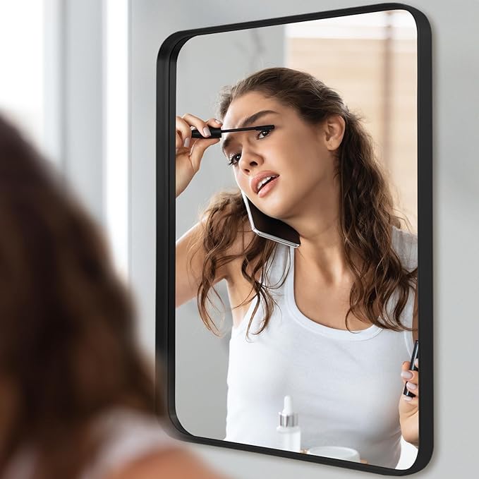 Wall Mirror 24" x 36" Black Metal Deep Frame for Bathroom, Living Room, Bedroom, Entryway - Decorative Rectangular Round Corner Mounted Vanity Mirror