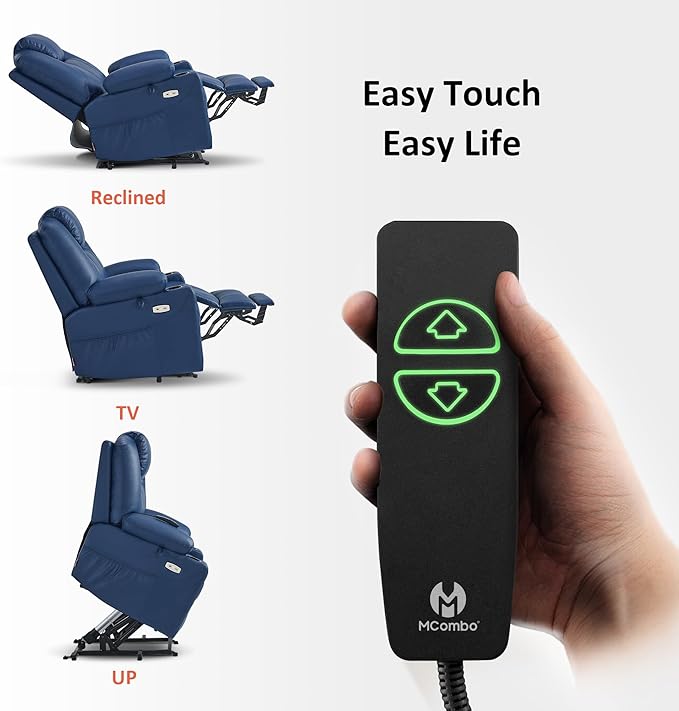 MCombo Electric Power Lift Recliner Chair Sofa with Massage and Heat for Elderly, 3 Positions, 2 Side Pockets, and Cup Holders, USB Ports, Faux Leather 7040 (Blue, Medium)