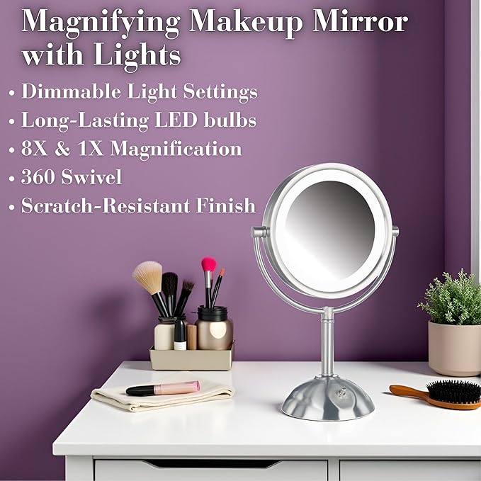 JERDON Lighted Makeup Mirror with Magnification - 1X and 8X Magnification - Nickel Finish - Model HL8808NL