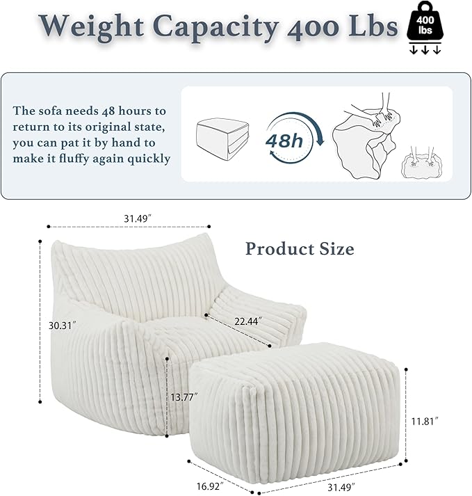 Oversized Bean Bag Chaise Lounge Chair Indoor for Adults with Armrests & Ottoman - Giant Comfy Beige Beanbag Lazy Floor Sofa Cloud Accent Chair for Reading, Gaming, Cozy Fluffy Cloud Mini Couch