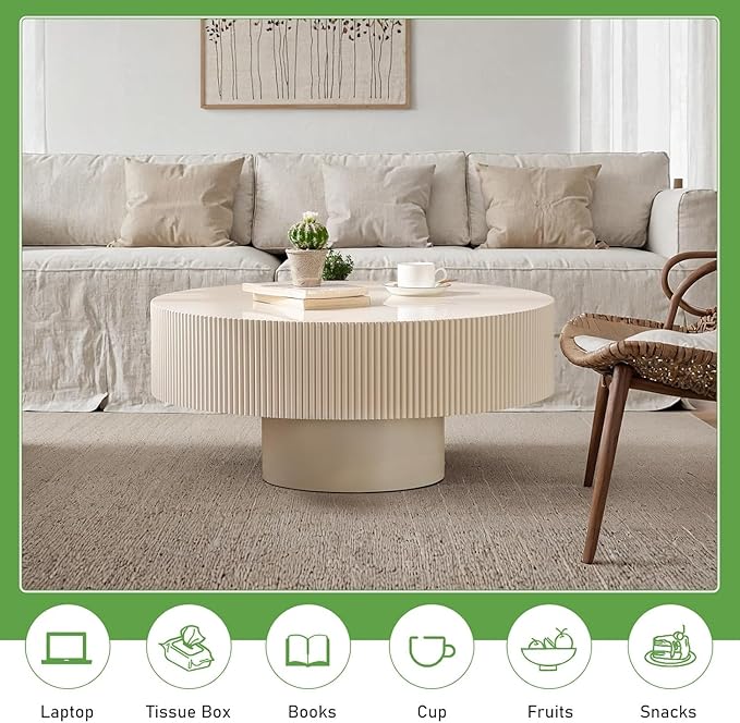 Round Coffee Table for Living Room, 30.91'' Modern Handcraft Drum Coffee Table Unique Fluted Coffee Tables Wood Center Table End Table for Small Space, Farmhouse Apartment Office (White Thickened)