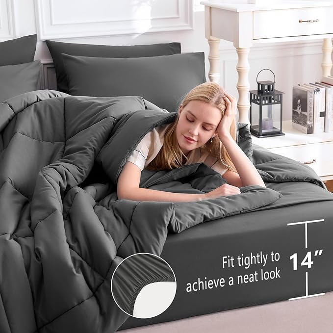 CozyLux Queen Comforter Set Dark Grey, 7 Pieces Bed in a Bag, Dark Gray Comforter Queen Size, All Season Bedding Sets with Stitch Quilted Comforter, Flat Sheet, Fitted Sheet, Pillowcases