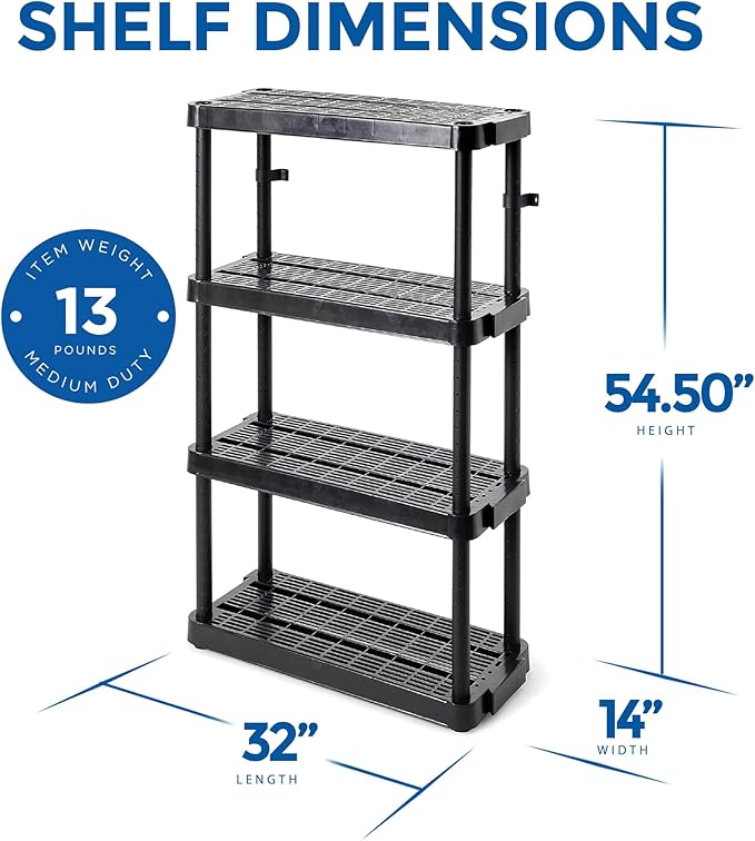 Gracious Living 4 Shelf Adjustable Height Medium Duty Storage Unit 14 x 32 x 54.5 Organizer for Home, Garage, Basement, & Laundry, Black (4 Pack)