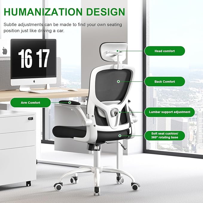 Ergonomic Office Chair with Headrest,Adjustable Back and Lumbar Support, Arm Rest Computer Chair Adults,90-120° Tilt Lock Rolling Swivel,Home Office Task Chair(White-Black)