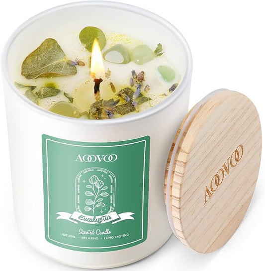 AOOVOO Eucalyptus Mint Scented Candles for Women - Aromatherapy Candle with Crystals Inside, 10oz Soy Candles for Home Scented, Birthday Gifts Christmas Candle for Women Mom