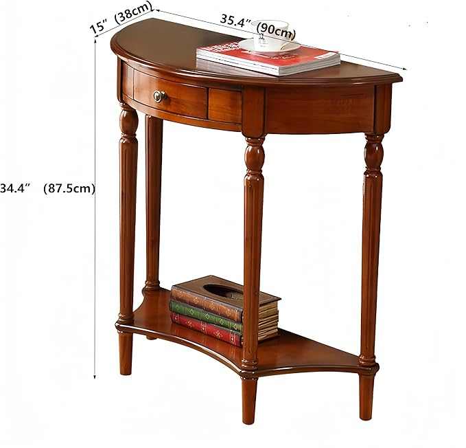 Solid Wood Console Table with Drawer, Semi-Circle Entryway Storage Shelf, Half-Moon Porch Table Side Elegant Vintage Sofa for Living Room (35.4" L x 15.0" W x 34.4" H)