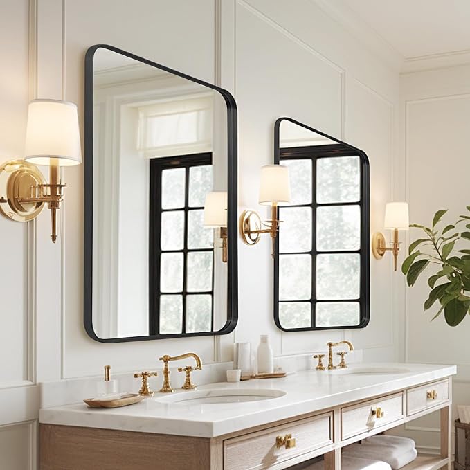 Wall Mirror 22" x 30" for Bathroom Black Metal Deep Frame Mirror for Wall Decorative Rectangular Round Corner Wall Mounted Vanity Mirror for Bedroom Entryway Living Room Wall Decor