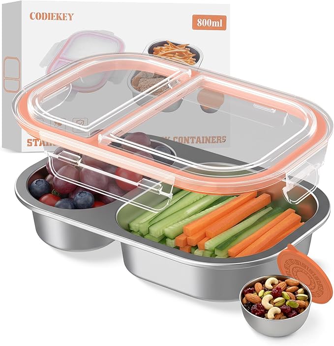 Snackle Box Container,Dishwasher,Reusable Snack Containers With Lids,2 Compartment Stainless Steel Snack Containers,Fruits, Snacks,Nuts,Salad,travel,800ML,White&Orange,1 Pack