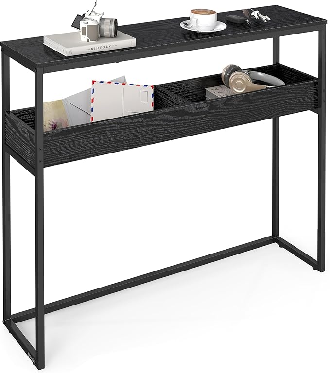 VASAGLE 2-Tier Entryway Table, Narrow Console Table, Semi-Open Compartments, 9.4 x 39.4 x 31.5 Inches, for Hallway, Living Room, Ebony Black and Ink Black ULNT091B01