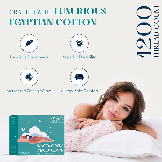 XOOX Linen 100% Egyptian Cotton Queen Sheet Set - Luxury 1200 High Thread Count Egyptian Cotton Sheets Queen Size (4 PC, Sage Green), Silky Soft, Cooling, 17" Deep Pocket Sateen Weave Hotel Bedding