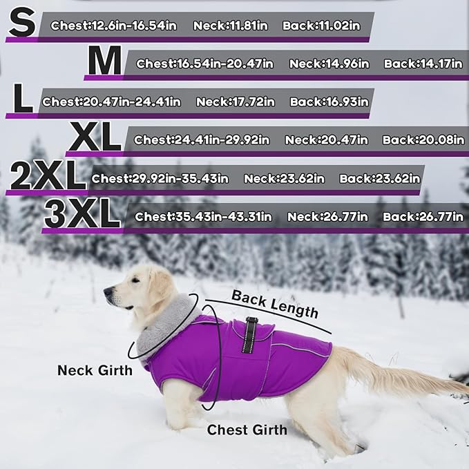 Lelepet Warm Dog Coat Reflective Fleece Vest Waterproof Dog Jacket with Adjustable Buckle Hook & Loop Windproof Cold Weather Coats for Small Medium Large Dogs, Purple, S