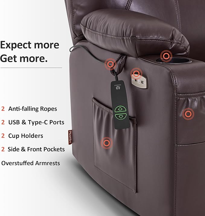 MCombo Oversized Power Lift Recliner Chair for Elderly, Lift Chair with Heat and Massage for Big and Tall, USB&Type C Ports, Cup Holders, Faux Leather R7510 (Dark Brown, Large-Wide)