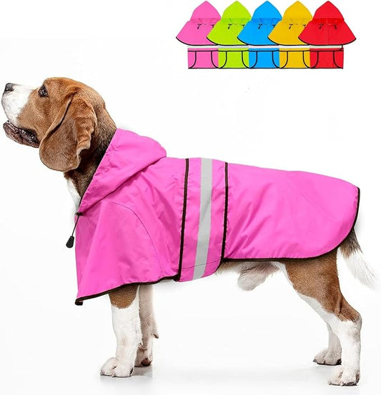 Waterproof Hooded Dog Raincoat - Reflective Dog Rain Jacket Doggy Raincoats Adjustable Lightweight Pet Rain Coat for Dogs (Medium, Pink)