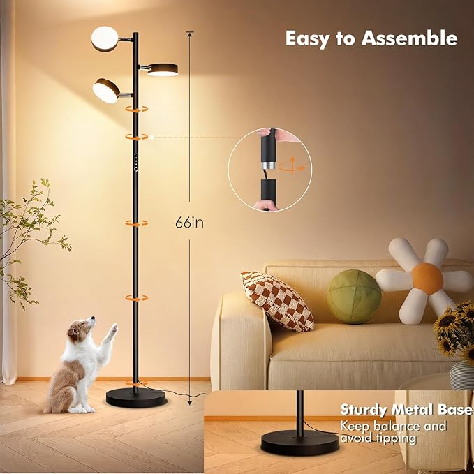 Tree Floor Lamp for Living Room - Modern Black Standing Lamp, LED Floor Light with Remote & Touch, 3000K-6000K Dimmable for Bedroom Office Reading (3 Head)