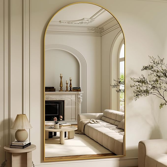 86"x40" Arched Full Length Mirror Floor Mirrors with Aluminum Alloy Frame Free-Standing Wall Mounted Floor Mirrors or Large Dressing Mirror, Gold Mirror Full Length