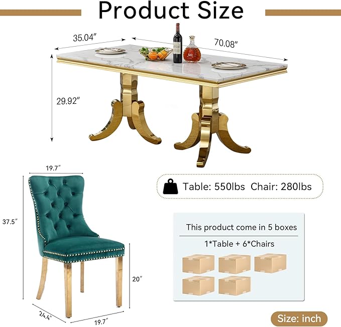 Goujxcy Faux Marble Dining Table Set for 6, Modern 7-Piece Dining Table Set with 6 Velvet Upholstered Chairs, 70" Large Long Faux Marble Kitchen Dining Room Table and Chairs with Stainless Steel Legs