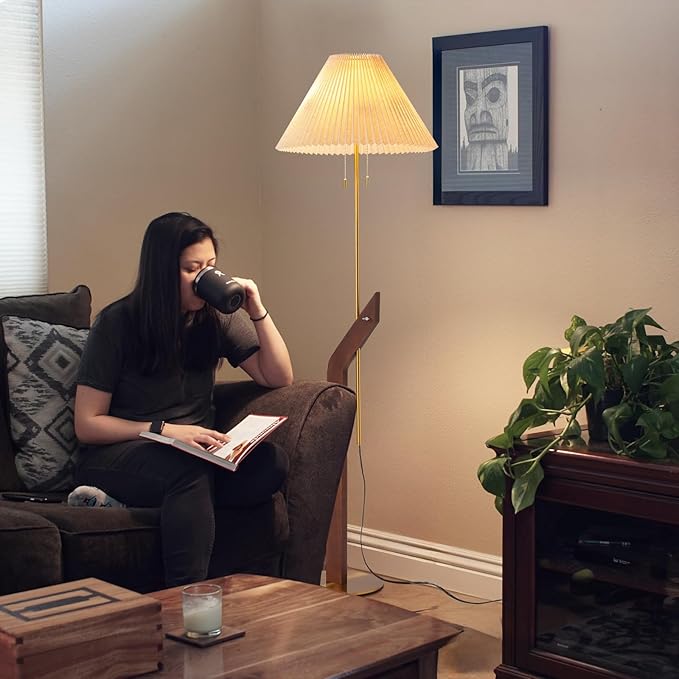 Wood Floor Lamp,Mid Century Modern Floor Lamp,Floor Lamps for Living Room, Height Adjustable Study Room,Bedroom,Office Gold Tall Standing Lamp